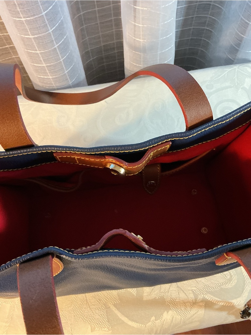 Dooney & Bourke Navy Blue Pebble Grain Leather Tote Bag with Tan Leather Trim - Picture 4 of 5